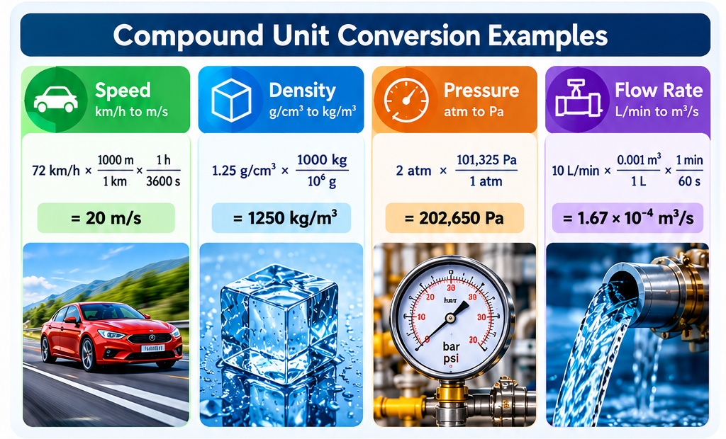How to convert compound units using dimensional analysis for speed density pressure and flow rate