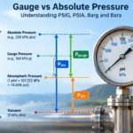 Diagram comparing gauge pressure measured from atmospheric pressure with absolute pressure measured from vacuum.