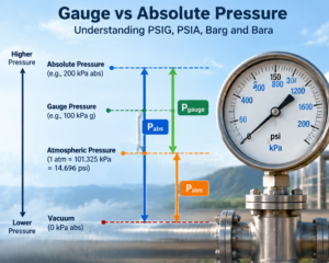 Diagram comparing gauge pressure measured from atmospheric pressure with absolute pressure measured from vacuum.
