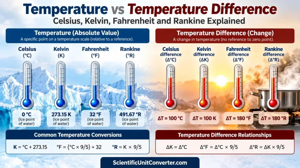 Temperature versus temperature difference infographic comparing Celsius, Kelvin, Fahrenheit, and Rankine with conversion formulas and examples.
