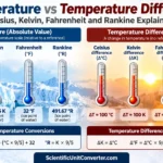 Temperature versus temperature difference infographic comparing Celsius, Kelvin, Fahrenheit, and Rankine with conversion formulas and examples.