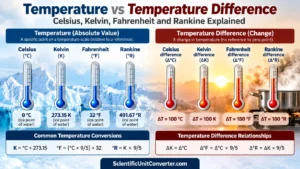 Temperature versus temperature difference infographic comparing Celsius, Kelvin, Fahrenheit, and Rankine with conversion formulas and examples.